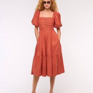 Abercrombie & Fitch Rust Emerson Linen Puff Sleeve Midi Dress